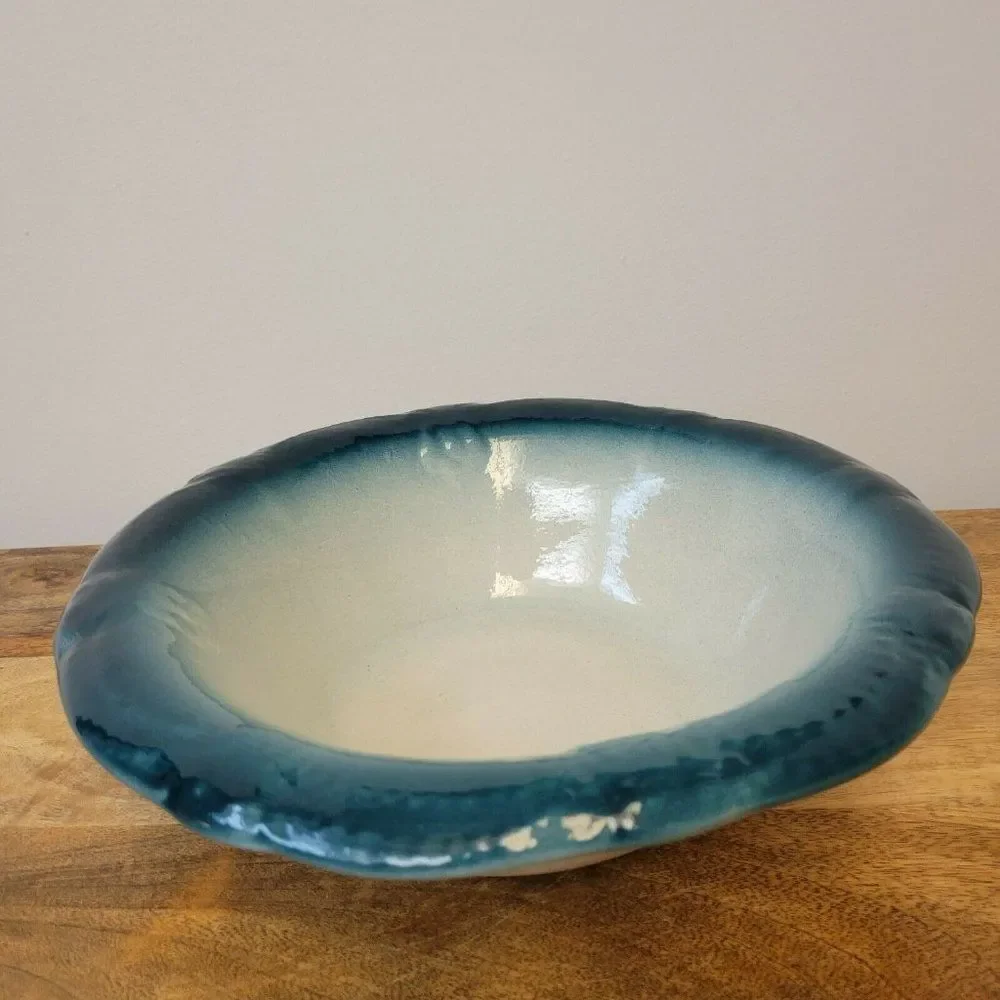 Handmade Ceramic Heavy Oval Ombre White And Deep Green Serving Bowl